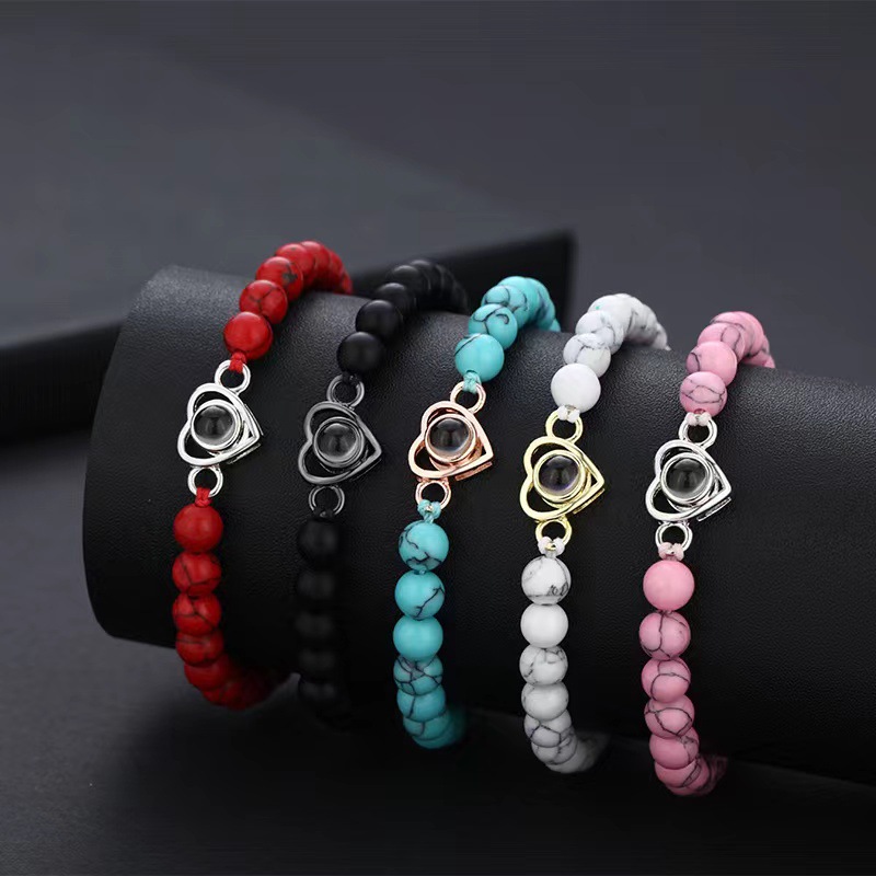 Real stone-bead heart projection bracelets in five color options