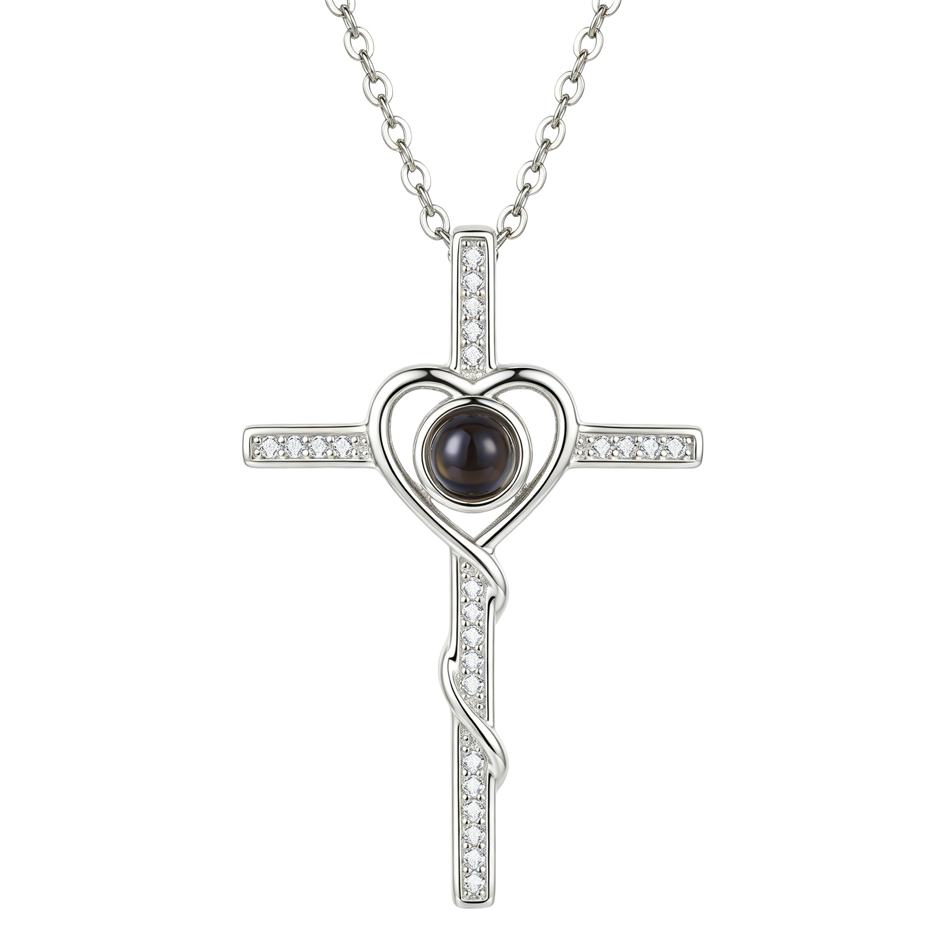 Silver-tone Angel Cross necklace photographed on white